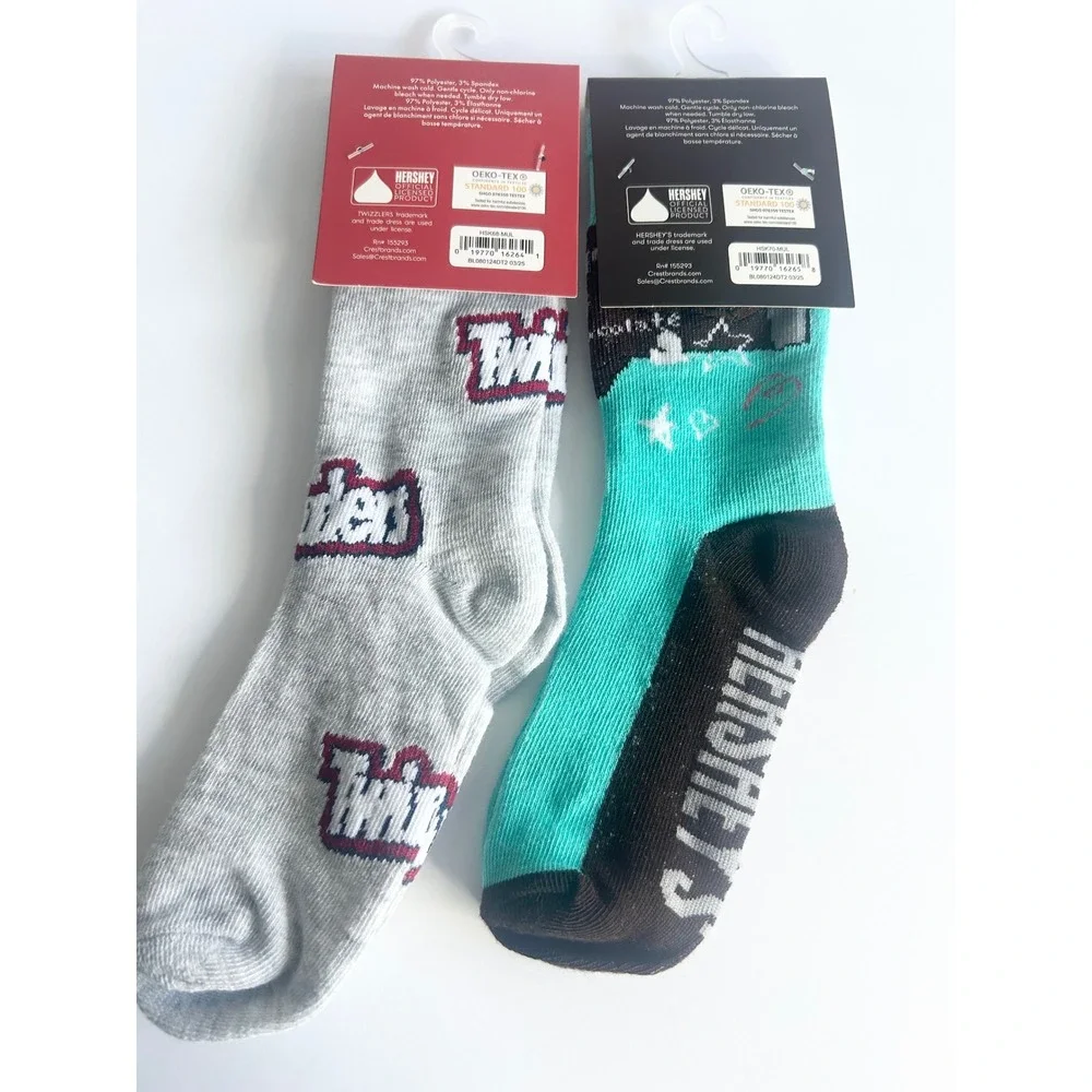 Hershey's Twizzlers Kids Crew Socks 2 Pair Bundle Candy Novelty Gray Teal 9-3.5